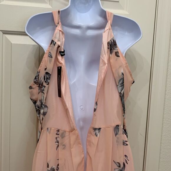 Fashion Mia Large Scoop Neck Short Sleeve Tie Back Peach Gray Floral Maxi Dress - Picture 9 of 14